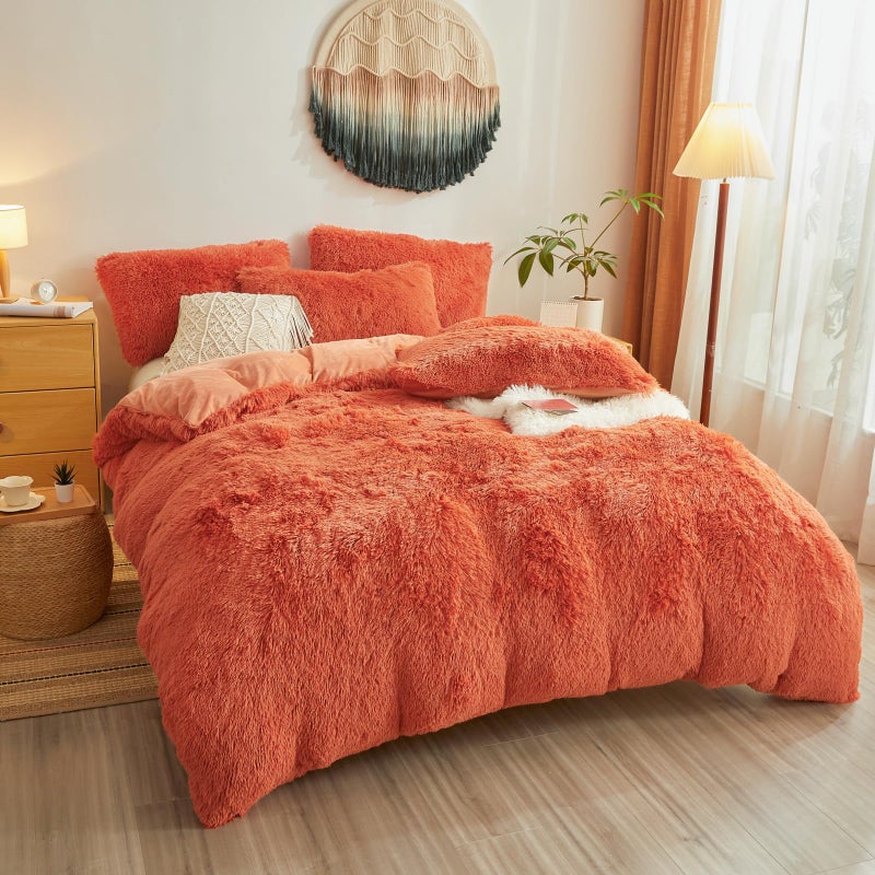 Besfunny Furry Fluffy Terracotta Comforter Cover Queen Set - Faux Fur Furry Terracotta Bedding 3-Piece Set (1 Duvet Cover + 2 Furry Pillow Shams) Cozy Bed Set - Image 2